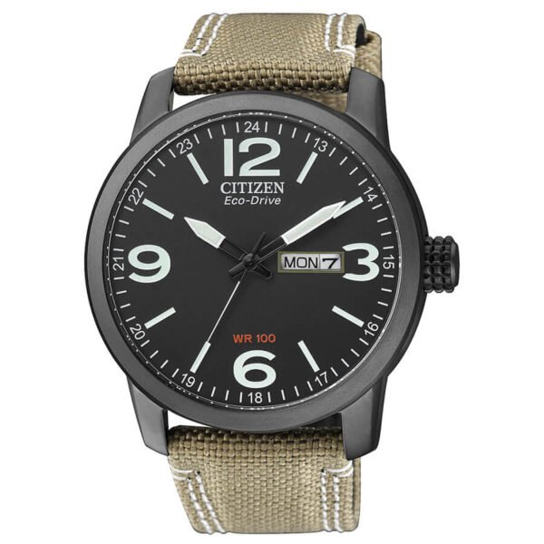 Reloj Citizen con esfera de color negro con toques en blanco y exterior de nylon en color beige.