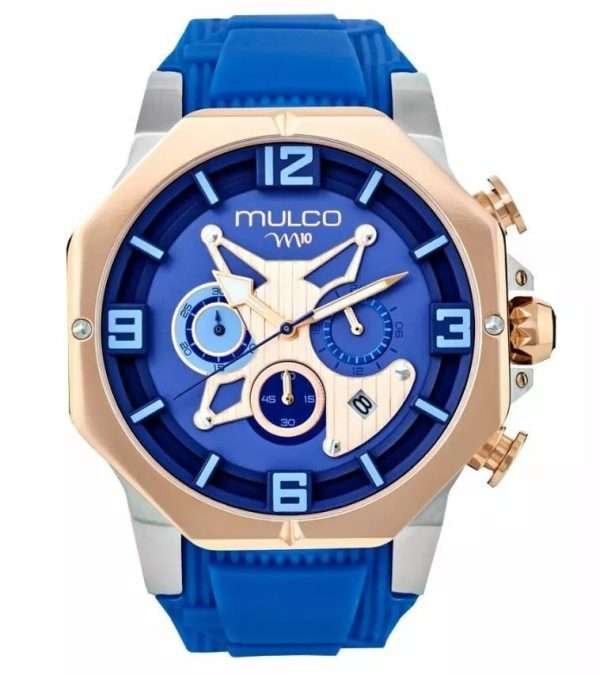 Reloj Mulco esfera azul con toques dorados y azules flojos y exterior con correa del mismo color de resina.