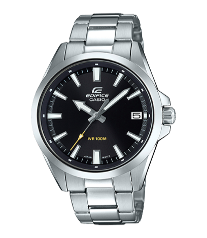 Reloj Edifice con esfera de color negro con toques en blanco y exterior de acero en color plata.