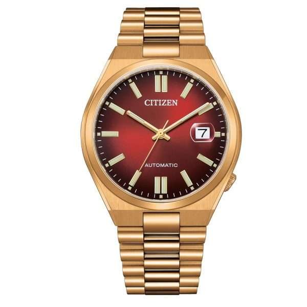 Reloj Citizen esfera roja con exterior con correa dorada de acero inoxidable.