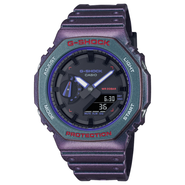 Reloj Casio G-Shock esfera de color negro y exterior polarizado en color violeta y verde.