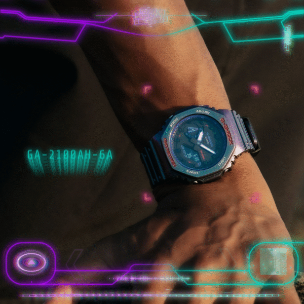 Reloj Casio G-Shock esfera de color negro y exterior polarizado en color violeta y verde.