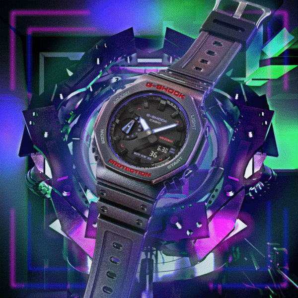 Reloj Casio G-Shock esfera de color negro y exterior polarizado en color violeta y verde.
