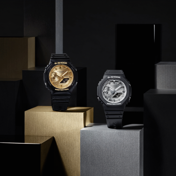 Reloj Casio G-Shock esfera en diferentes colores o dorado o plateado y exterior en negro.