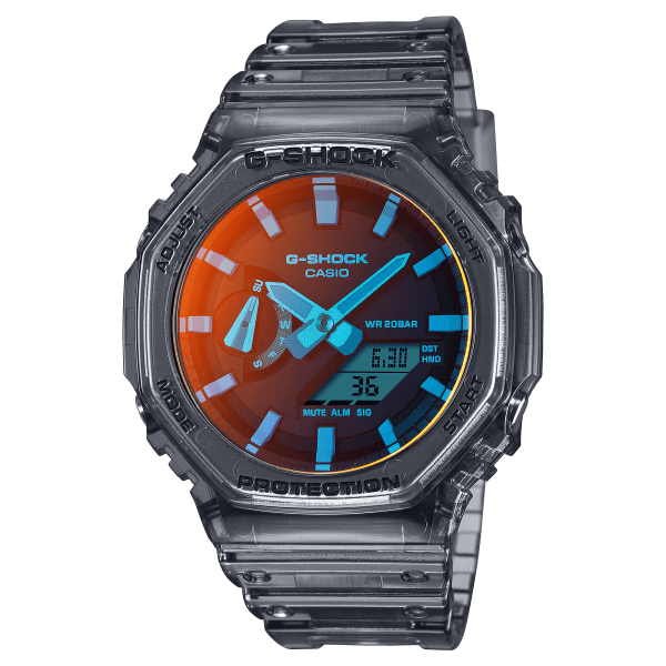 Reloj Casio G-Shock esfera con deposición de vapor refleja varios tonos de luz y exterior transparente.