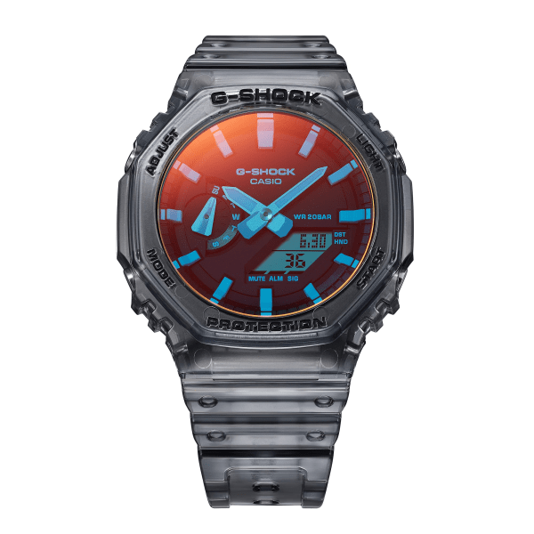 Reloj Casio G-Shock esfera con deposición de vapor refleja varios tonos de luz y exterior transparente.