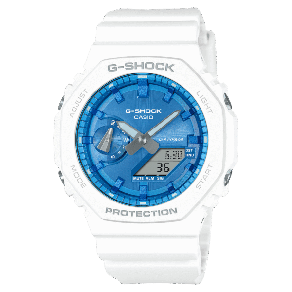 Reloj Casio G-Shock esfera de color azul y exterior blanco.