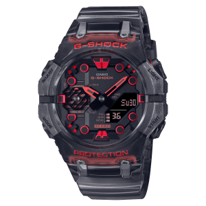 Reloj Casio G-Shock esfera negra y exterior transparente con toques rojos en ambas partes.