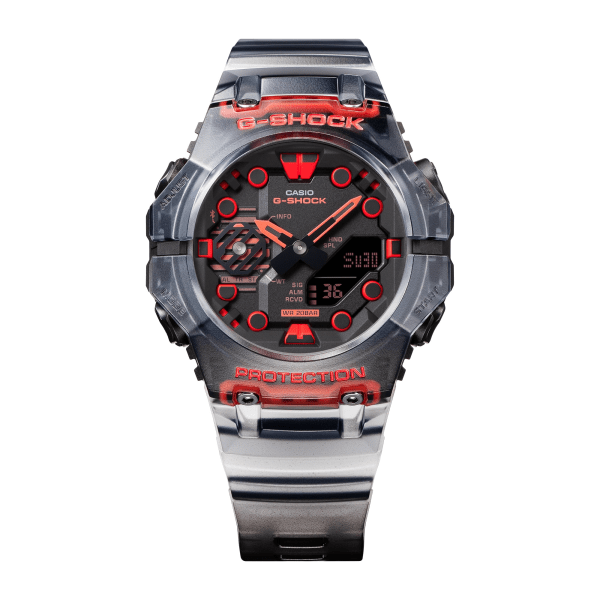 Reloj Casio G-Shock esfera negra y exterior transparente con toques rojos en ambas partes.