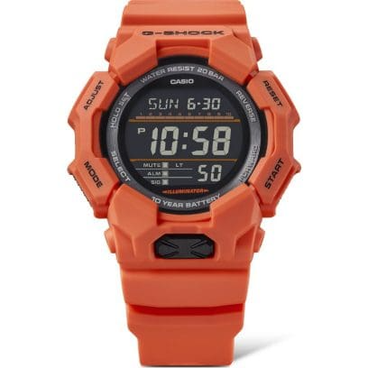 Reloj Casio G-Shock esfera negra, exterior y correa naranja.