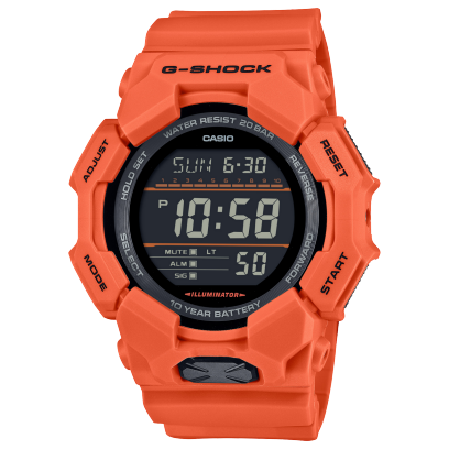 Reloj Casio G-Shock esfera negra y exterior naranja.