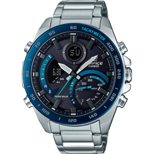 Reloj Edifice con bisel de acero inoxidable con esfera negra con detalles azules.