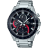 Reloj Edifice con bisel de acero inoxidable con esfera del mismo color y toques rojos y carcasa plateada.