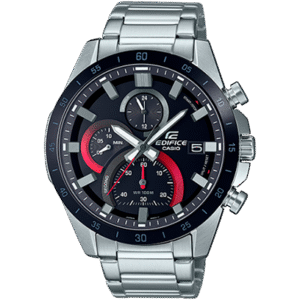 Reloj Edifice con bisel de acero inoxidable con esfera del mismo color y toques rojos y carcasa plateada.