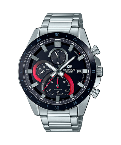 Reloj Edifice con bisel de acero inoxidable con esfera del mismo color y toques rojos y carcasa plateada.