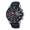 Reloj Edifice con bisel de piel negro con esfera del mismo color y toques rojos y carcasa plateada.