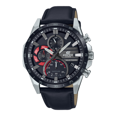 Reloj Edifice con bisel de piel negro con esfera del mismo color y toques rojos y carcasa plateada.