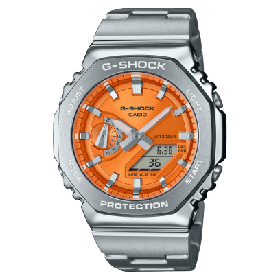 Reloj Casio G-Shock esfera naranja y exterior acero.