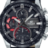 Reloj Edifice con bisel de piel negro con esfera del mismo color y toques rojos y carcasa plateada.