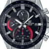 Reloj Edifice con bisel de acero inoxidable con esfera del mismo color y toques rojos y carcasa plateada.