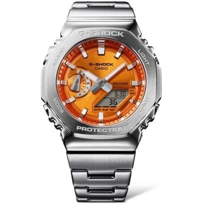 Reloj Casio G-Shock esfera naranja y exterior acero.