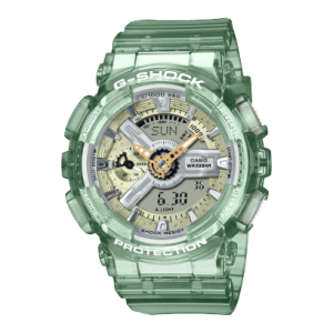 Reloj Casio G-Shock esfera dorada y exterior verde transparente.