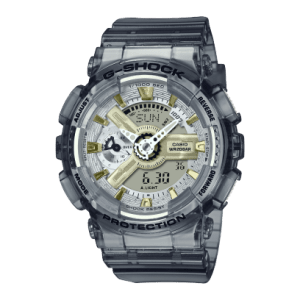 Reloj Casio G-Shock esfera dorada y exterior gris transparente.