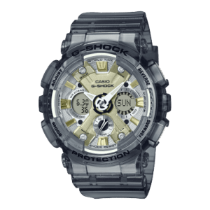 Reloj Casio G-Shock esfera dorada y exterior gris transparente.