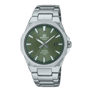Reloj Edifice con esfera de color verde y exterior de acero en color plata.