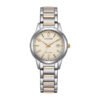 Reloj Citizen con esfera de color beige con toques dorados y exterior de acero en color plata y oro.