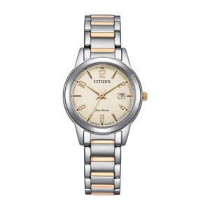 Reloj Citizen con esfera de color beige con toques dorados y exterior de acero en color plata y oro.