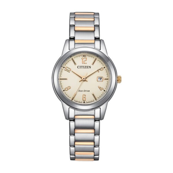 Reloj Citizen con esfera de color beige con toques dorados y exterior de acero en color plata y oro.