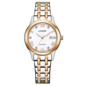 Reloj Citizen con esfera de color blanco con toques dorados y exterior de acero en color plata y oro.