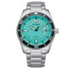 Reloj Citizen con esfera de color verde claro y exterior de acero en color plateado.