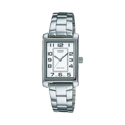 Reloj Casio Collection esfera blanca y exterior con correa plateada de acero inoxidable.