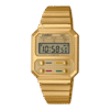 Reloj Casio Collection esfera transparente digital y exterior dorado con correa del mismo color de acero inoxidable.