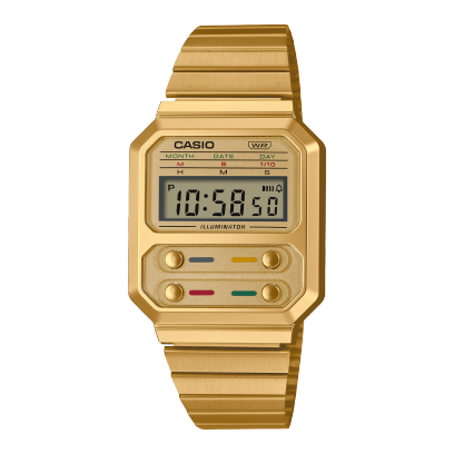 Reloj Casio Collection esfera transparente digital y exterior dorado con correa del mismo color de acero inoxidable.