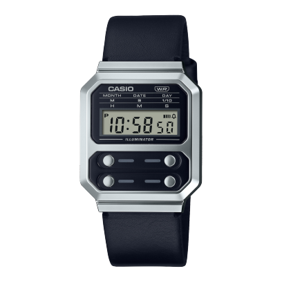 Reloj Casio Collection esfera transparente digital y exterior negro con toques plateados con correa negra color de piel.