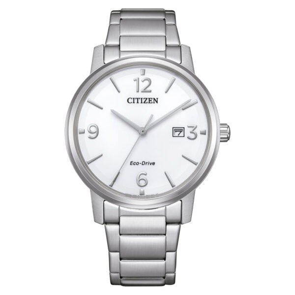 Reloj Citizen con esfera de color blanco y exterior de acero en color plata.