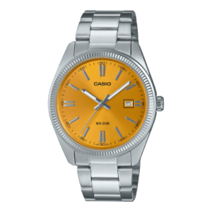 Reloj Casio Collection con esfera naranja y con la correa plateada.