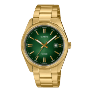 Reloj Casio Collection con esfera verde y con la correa dorada.