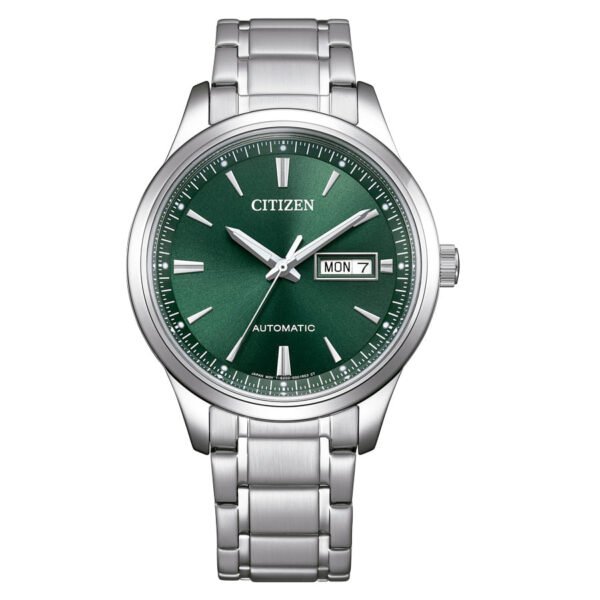 Reloj Citizen con esfera de color verde con toques en blanco y exterior de acero en color plata.