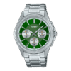 Reloj Casio con esfera de color verde con toques en gris y exterior de acero en color plata.