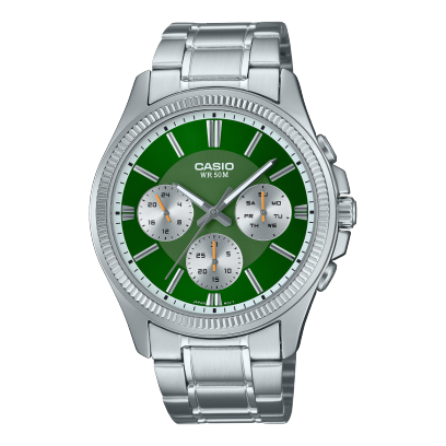 Reloj Casio con esfera de color verde con toques en gris y exterior de acero en color plata.