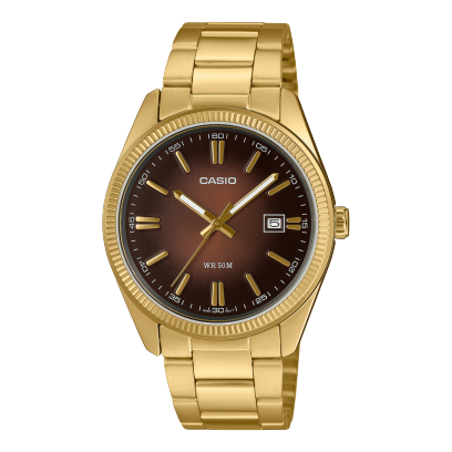 Reloj Casio con esfera de color marrón oscuro que se oscuriza mas con toques dorados y exterior de acero en color dorado.