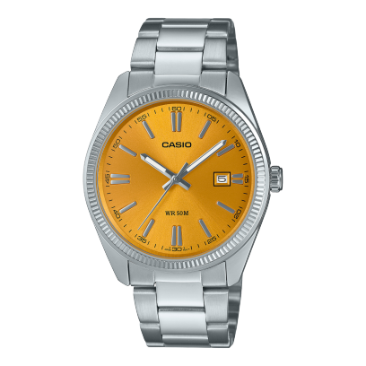 Reloj Casio con esfera de color naranja con toques en gris y exterior de acero en color plata.