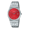 Reloj Casio con esfera de color rojo con toques en gris y exterior de acero en color plata.