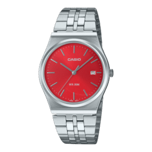 Reloj Casio con esfera de color rojo con toques en gris y exterior de acero en color plata.