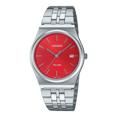 Reloj Casio con esfera de color rojo con toques en gris y exterior de acero en color plata.