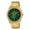 Reloj Casio con esfera de color verde oscuro que se oscuriza mas con toques dorados y exterior de acero en color dorado.
